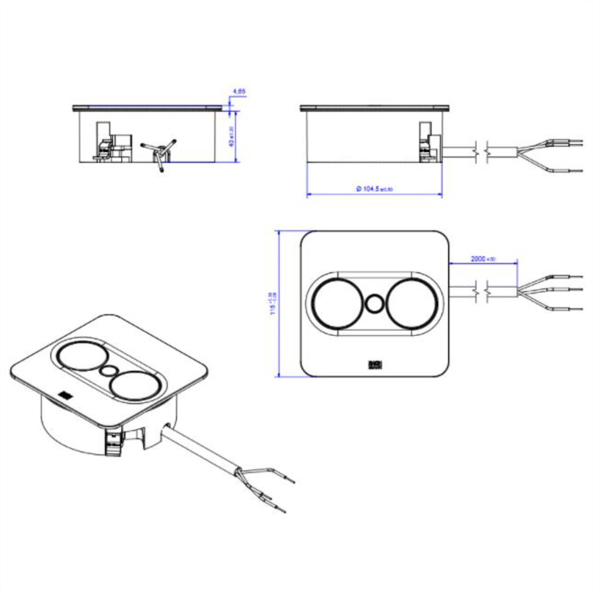 Disegno tecnico di un componente elettrico bianco con due fori circolari e fili che escono.
