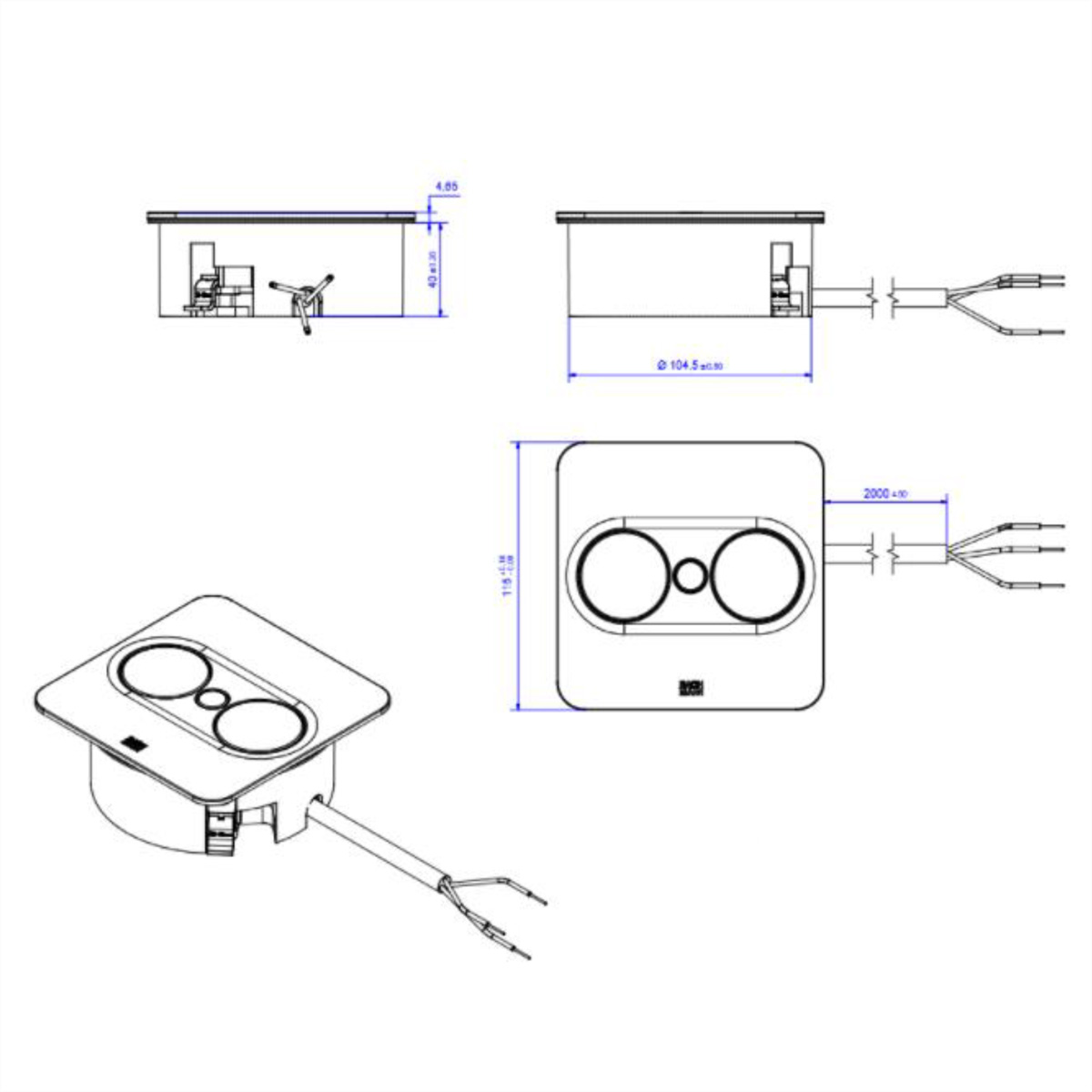 Disegno tecnico con misure di una presa di corrente. Lo sfondo è bianco.