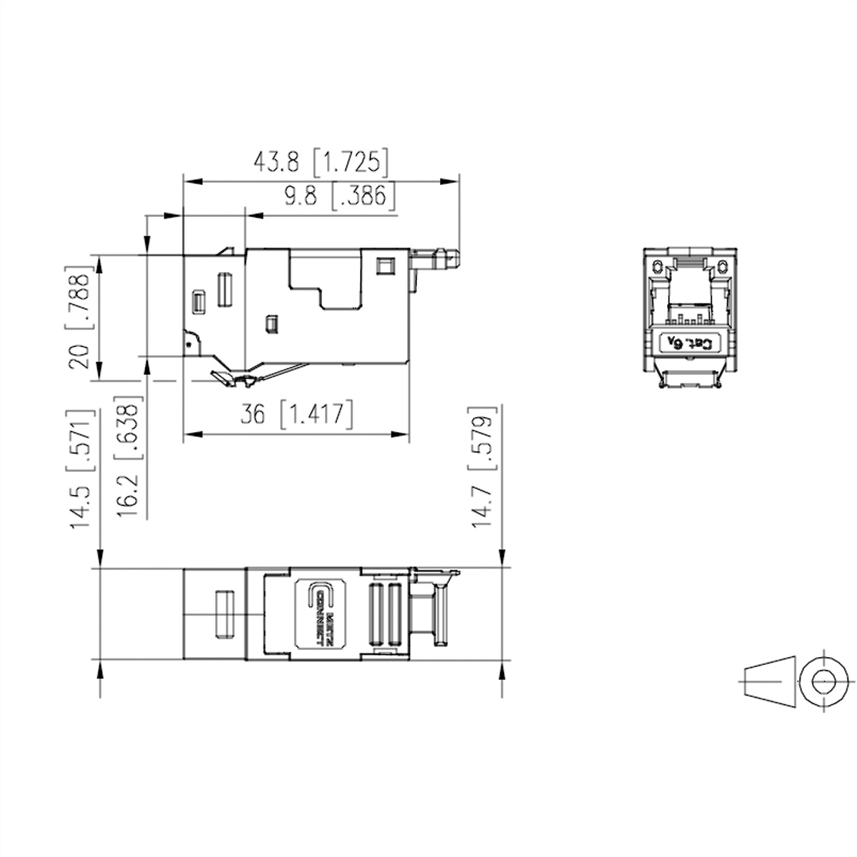 Diagramma di un connettore con dimensioni. Sfondo bianco.
