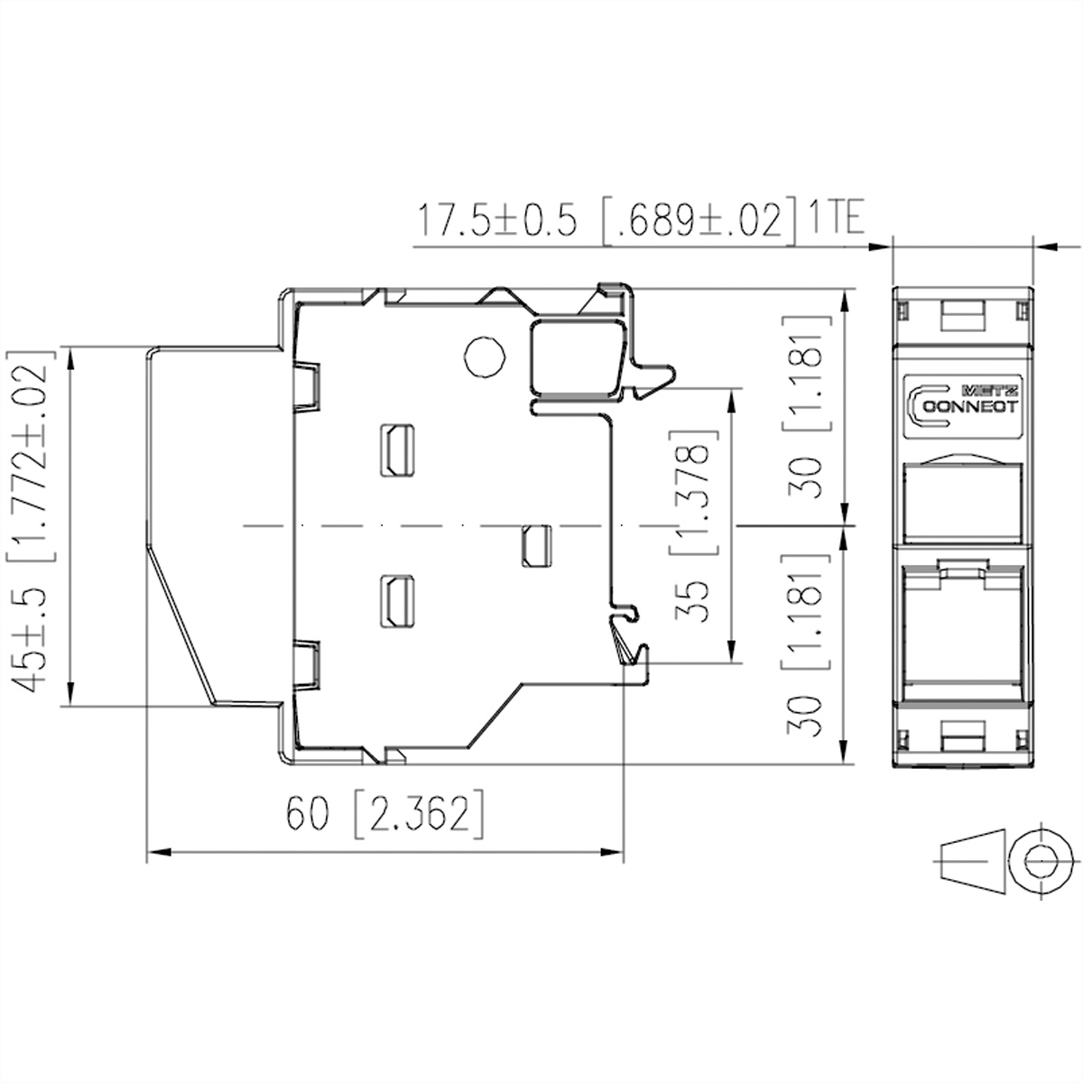 Un diagramma con le dimensioni di un connettore; vista dall'alto e laterale.