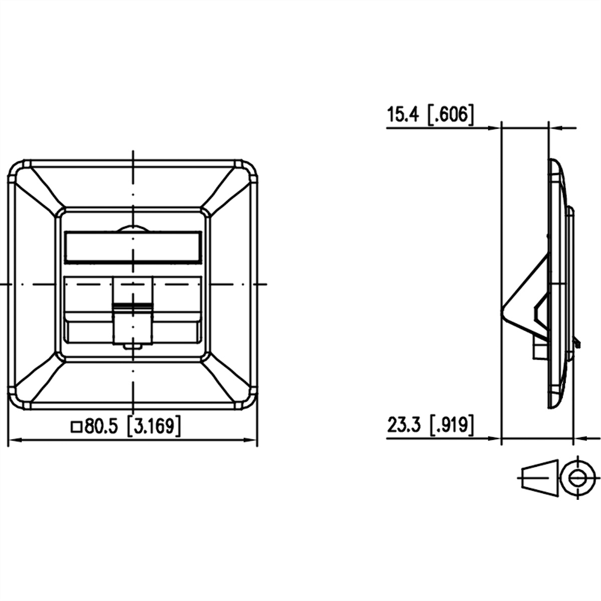 Disegno tecnico di una presa a muro con dimensioni. Linee e numeri.