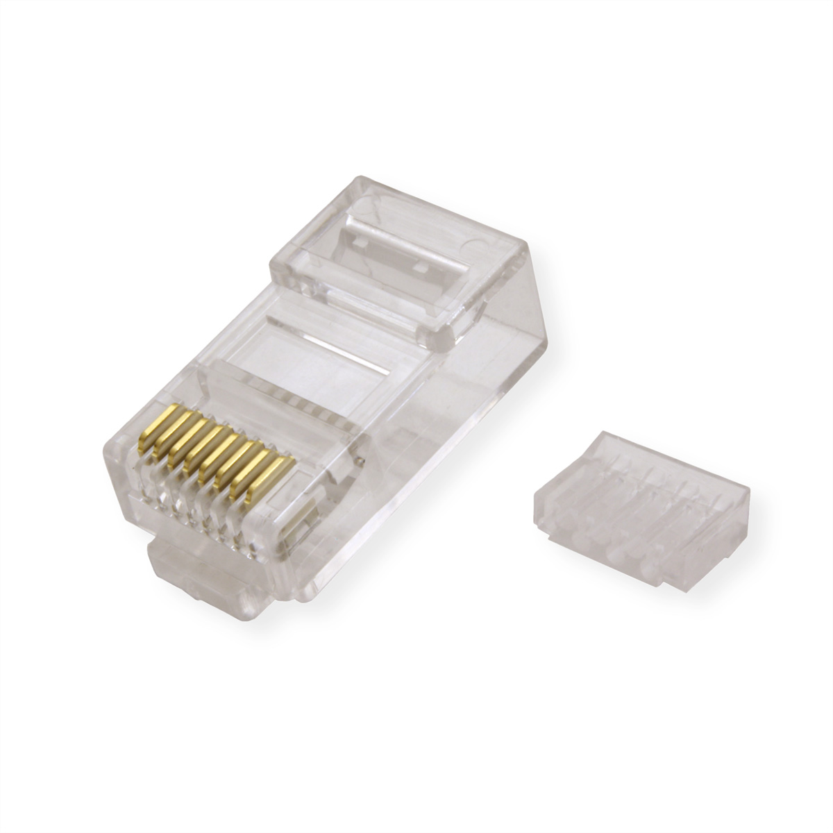 Connettore RJ45 in plastica trasparente con pin dorati, accanto a pezzo di plastica staccato.