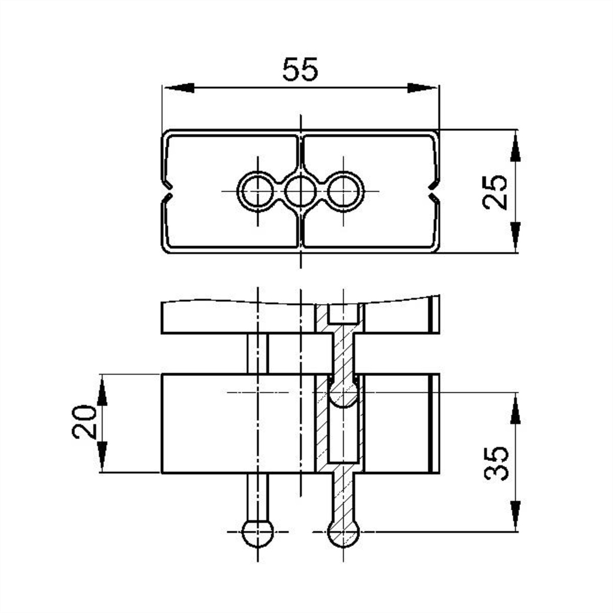 Disegno tecnico di un piccolo componente elettrico rettangolare, con dimensioni.