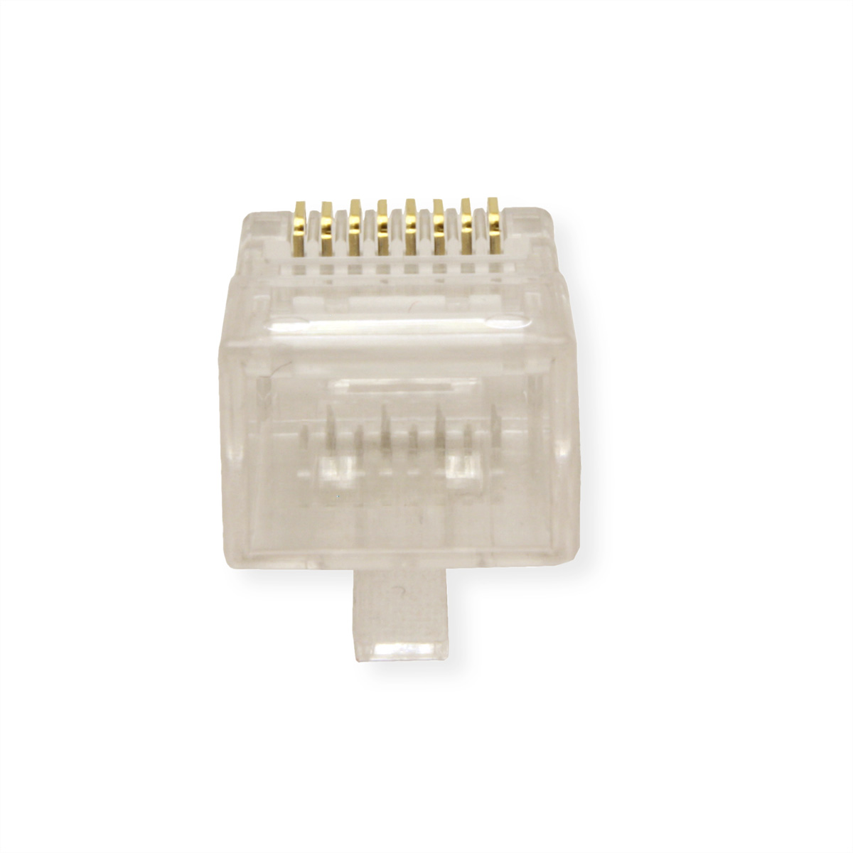 Connettore RJ45 trasparente con pin dorati. Ha un involucro di plastica trasparente e una piccola clip.