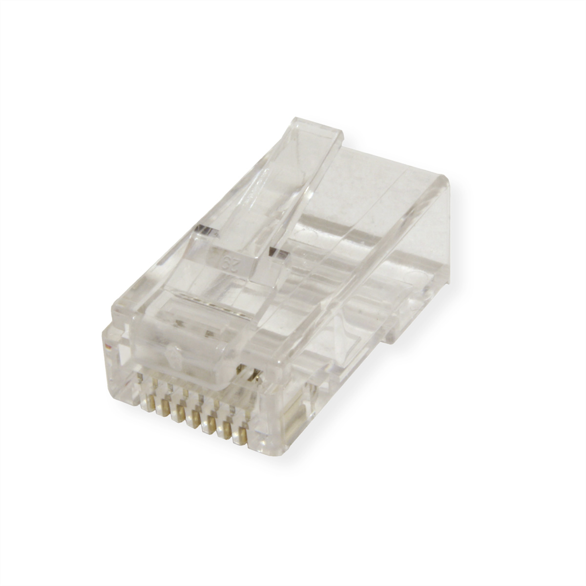 Connettore RJ45 in plastica trasparente con pin dorati, visto in prospettiva, isolato su bianco.