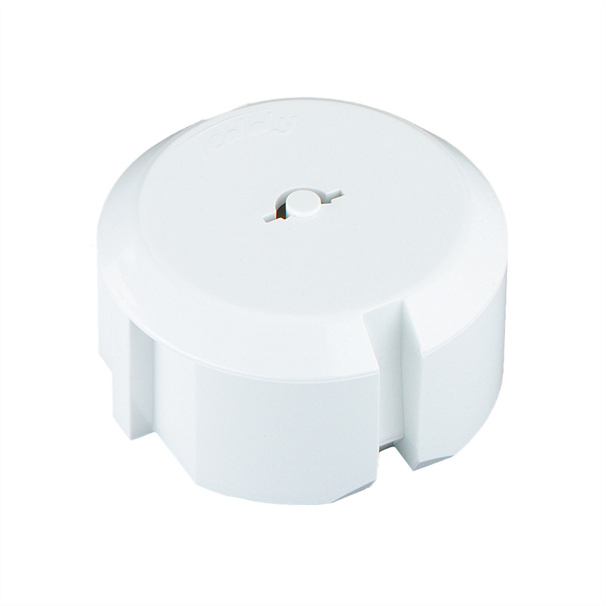 Coperchio di plastica bianco, rotondo, con una piccola apertura. Sfondo bianco.