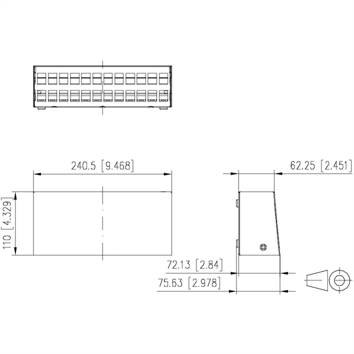 Disegno tecnico di un componente elettrico rettangolare con dimensioni e molteplici punti di connessione.