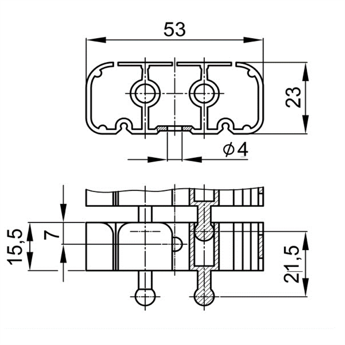 Disegno tecnico di un connettore con dimensioni. Linee nere su sfondo bianco.