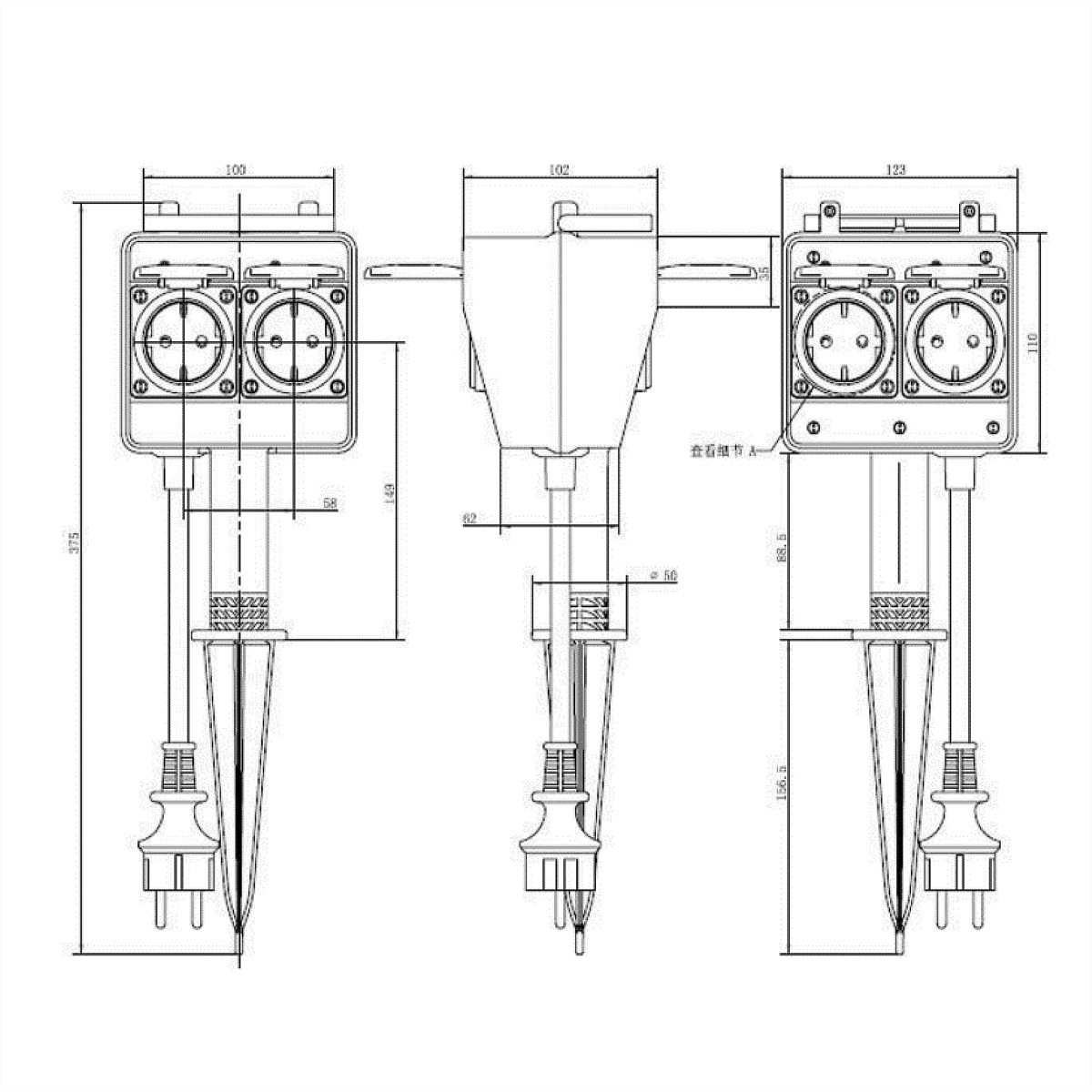 Technical drawing of multiple electrical outlets with various dimensions and measurements in black lines.