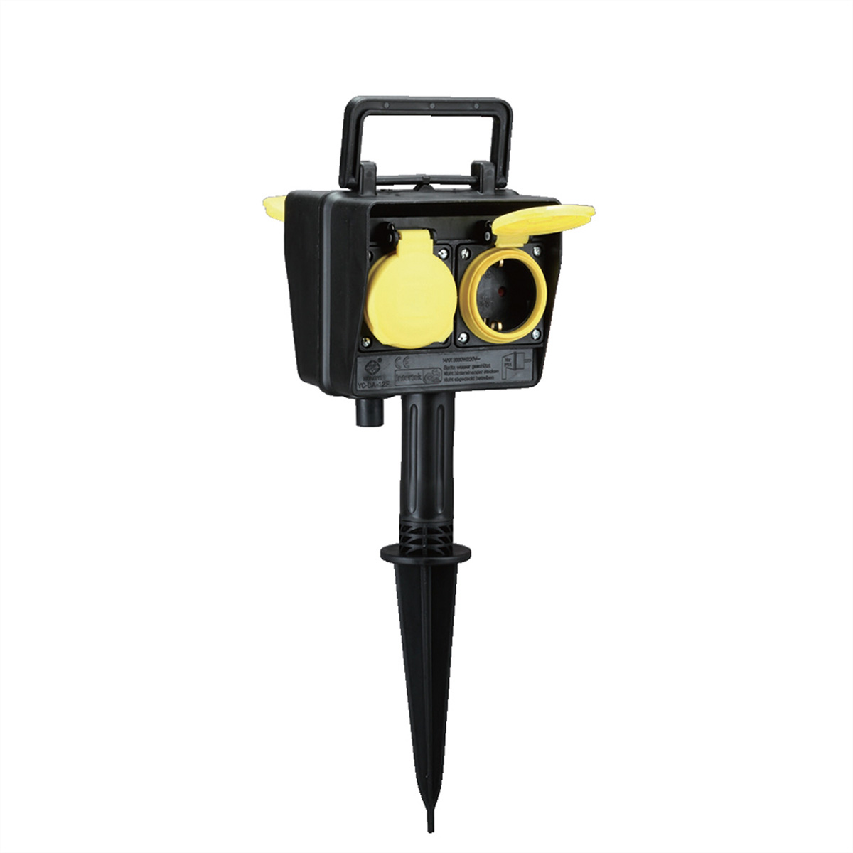 Black outdoor power outlet with a spike for ground installation, yellow covers.
