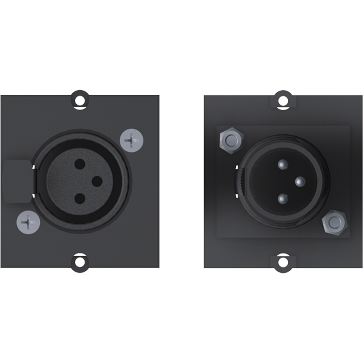 Due connettori XLR neri affiancati, con pin visibili, su sfondo bianco.