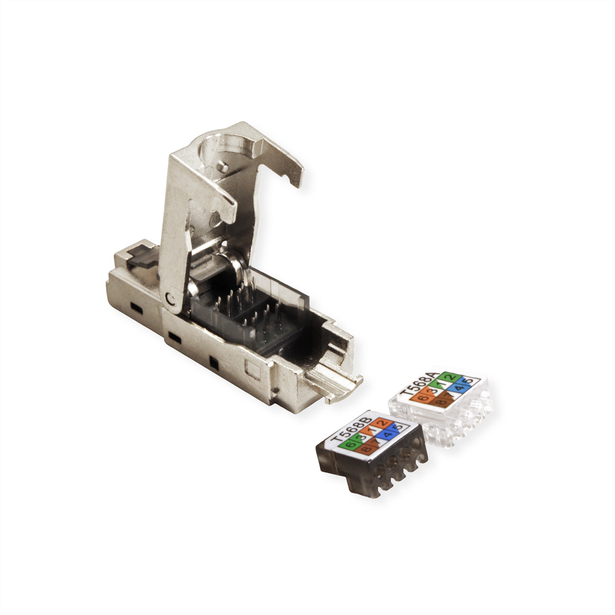 Connettore RJ45 argentato con due inserti colorati, aperto. Sfondo bianco.