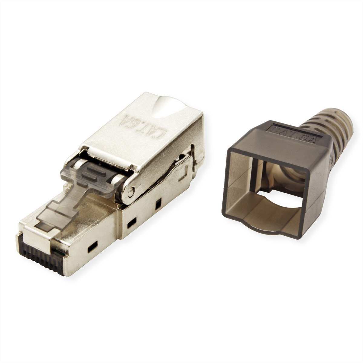 Connettore RJ45 argentato con guaina nera, etichettato CAT.6A, su sfondo bianco.