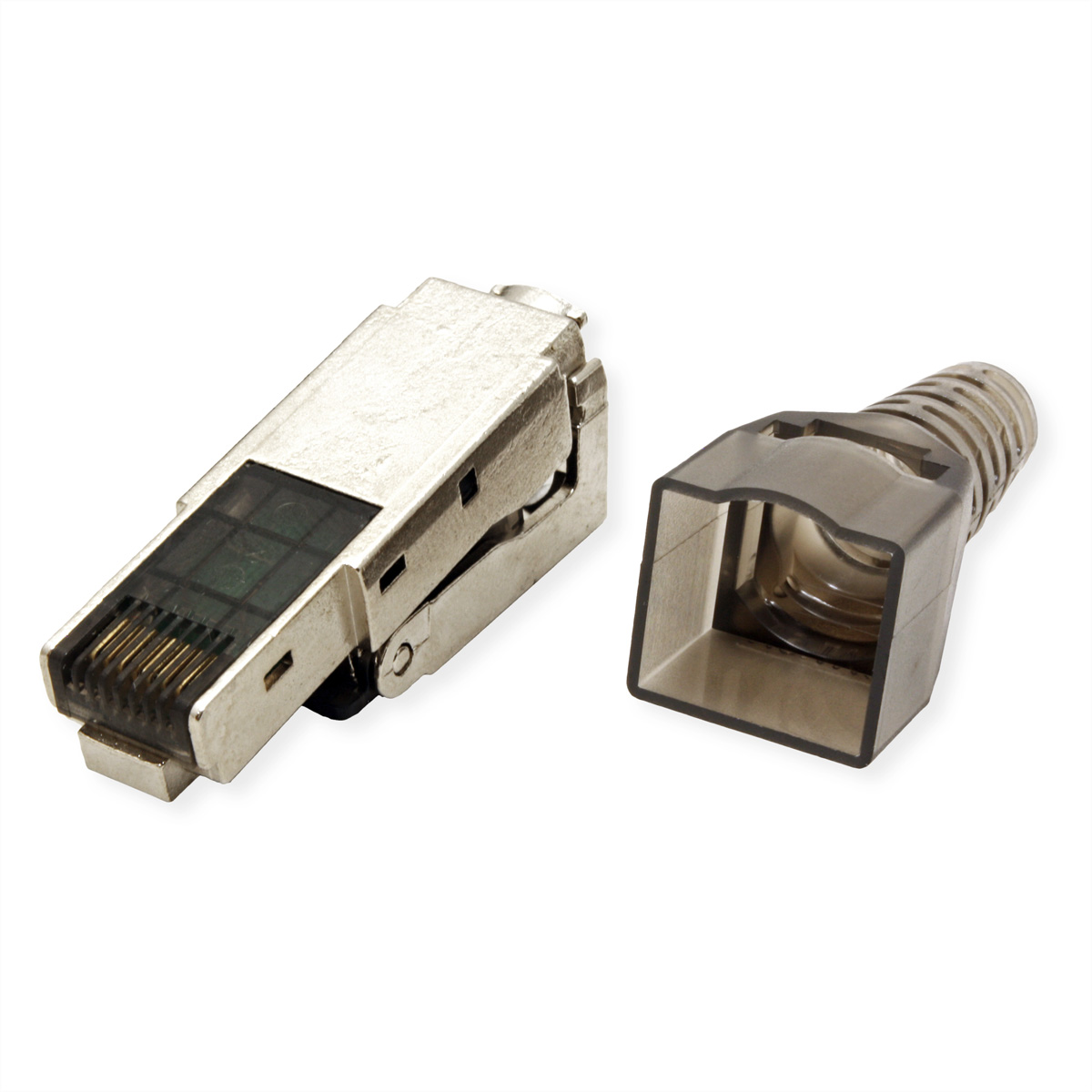 Connettore RJ45 con alloggiamento in metallo e cappuccio protettivo nero. Sfondo bianco.