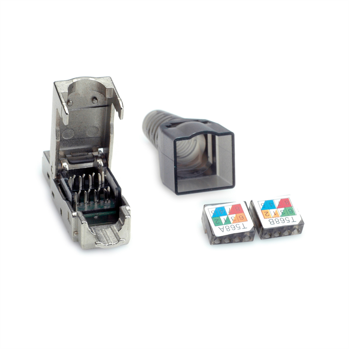 Componenti del connettore RJ45: un alloggiamento in metallo, uno stivale nero e inserti.