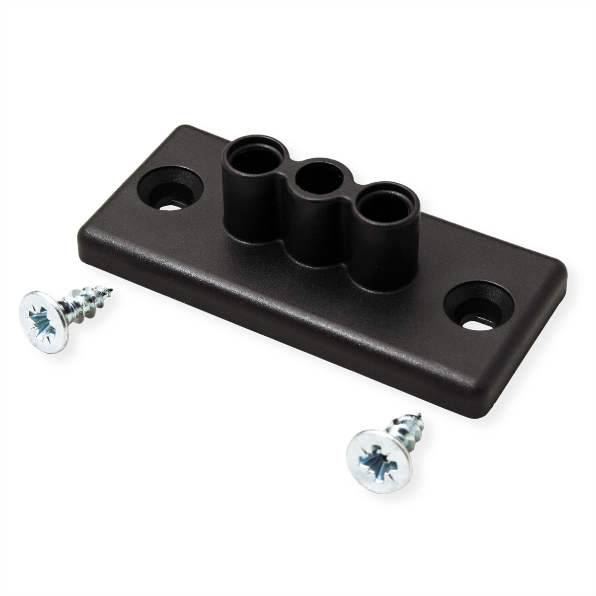 Piastra di plastica nera con fori per viti e tre fori circolari. Sfondo bianco.