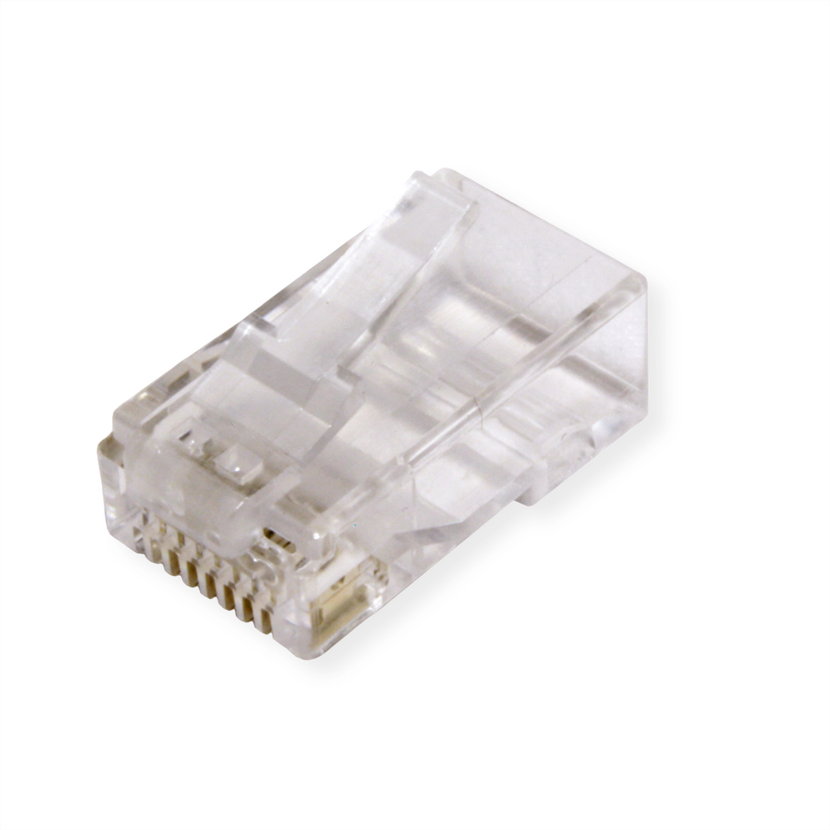 Connettore RJ45 in plastica trasparente su sfondo bianco. Mostra i pin.