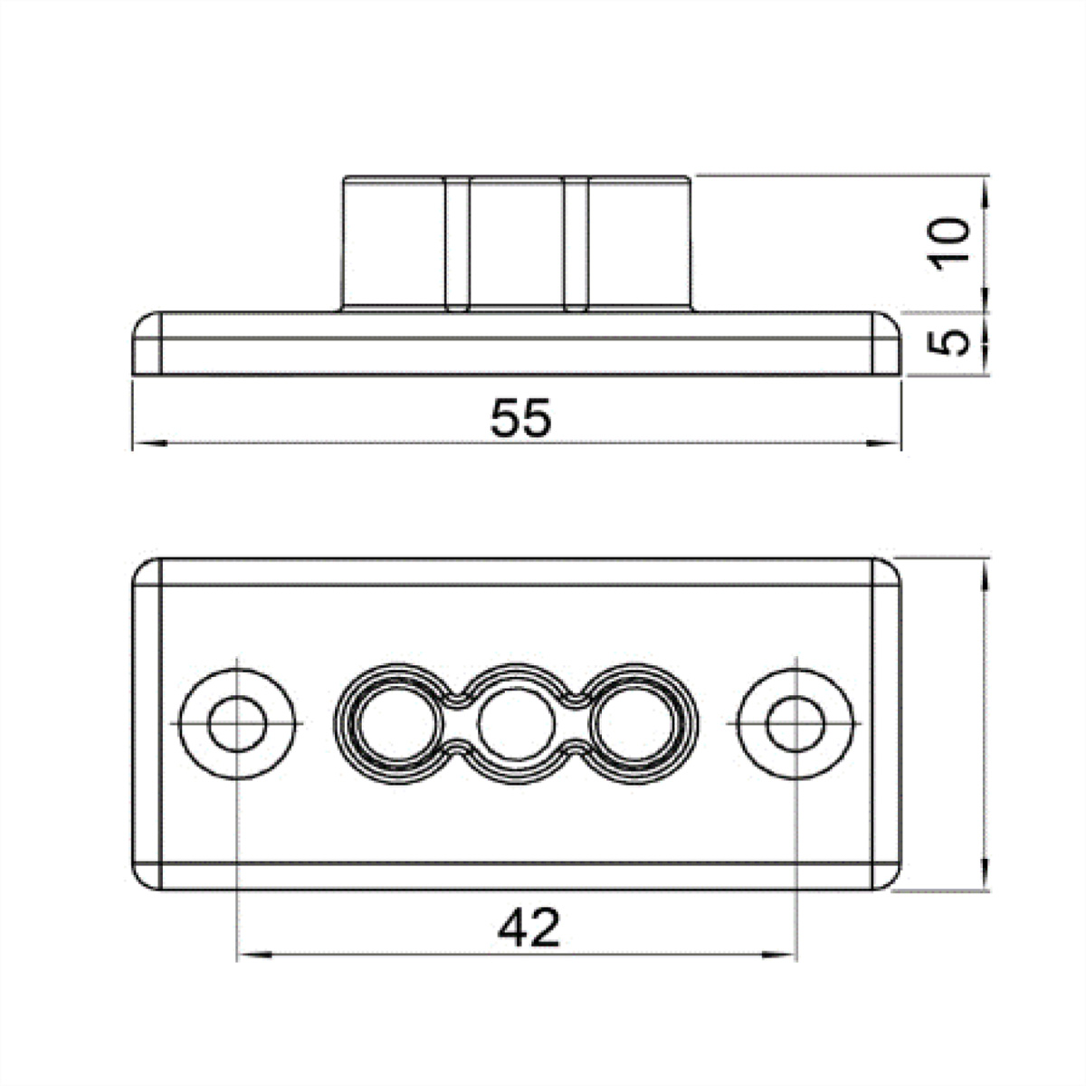 Disegno tecnico di un connettore rettangolare, con dimensioni e viste multiple.