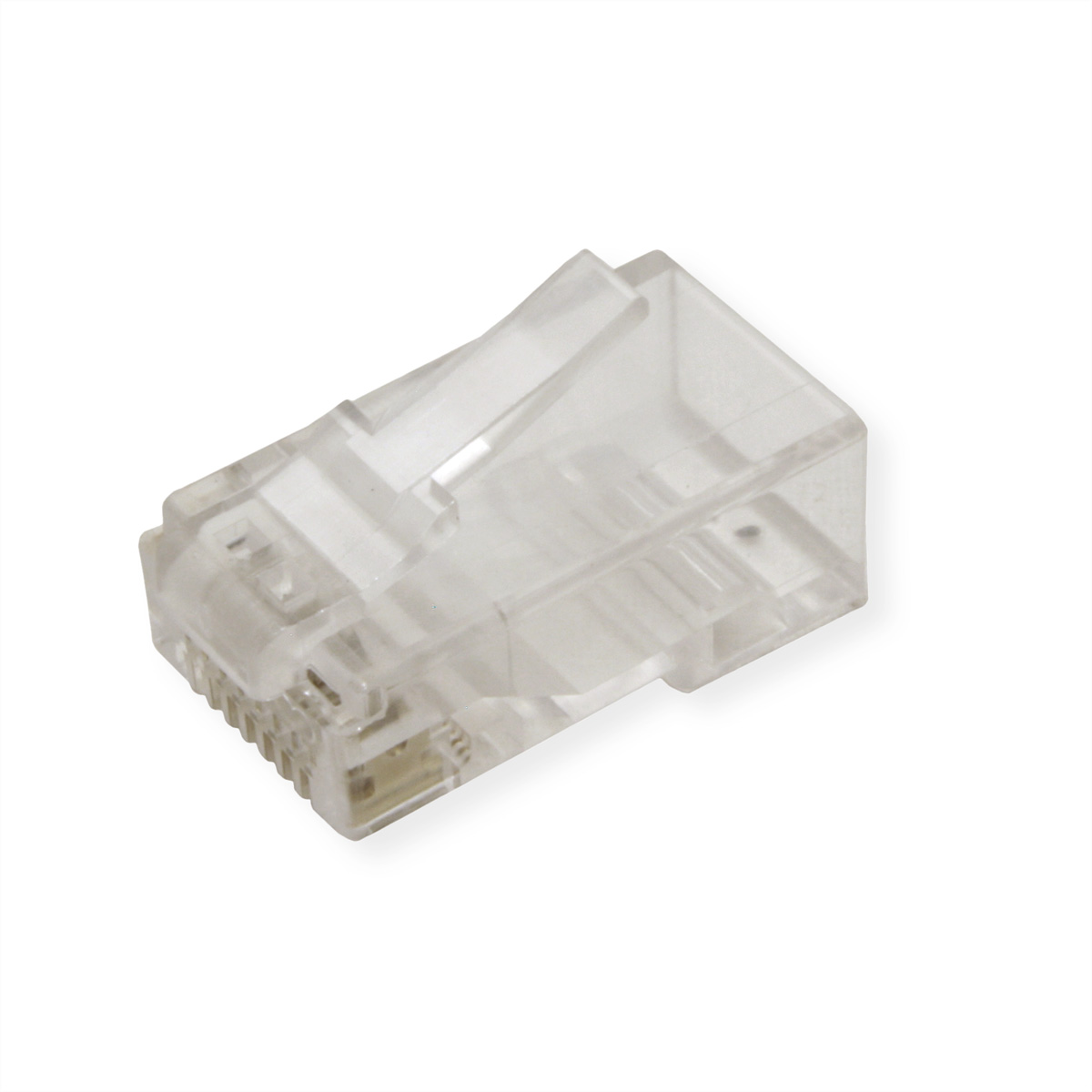 Connettore RJ45 trasparente. Corpo in plastica trasparente e leva. Isolato su sfondo bianco.
