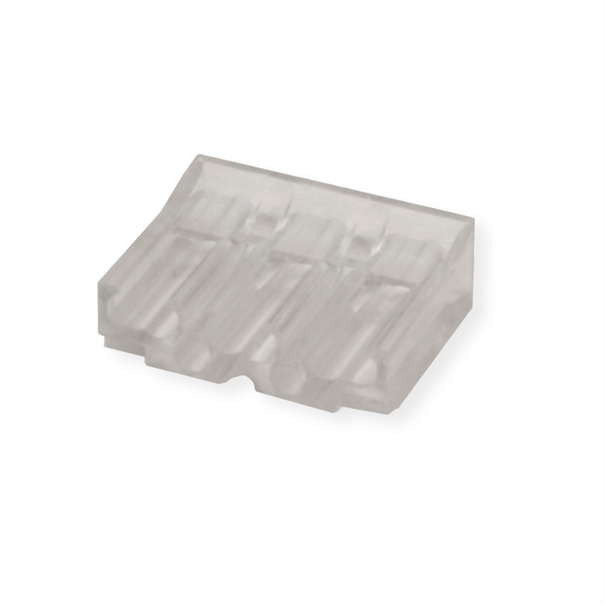 Connettore in plastica trasparente con quattro pin. Sfondo bianco.
