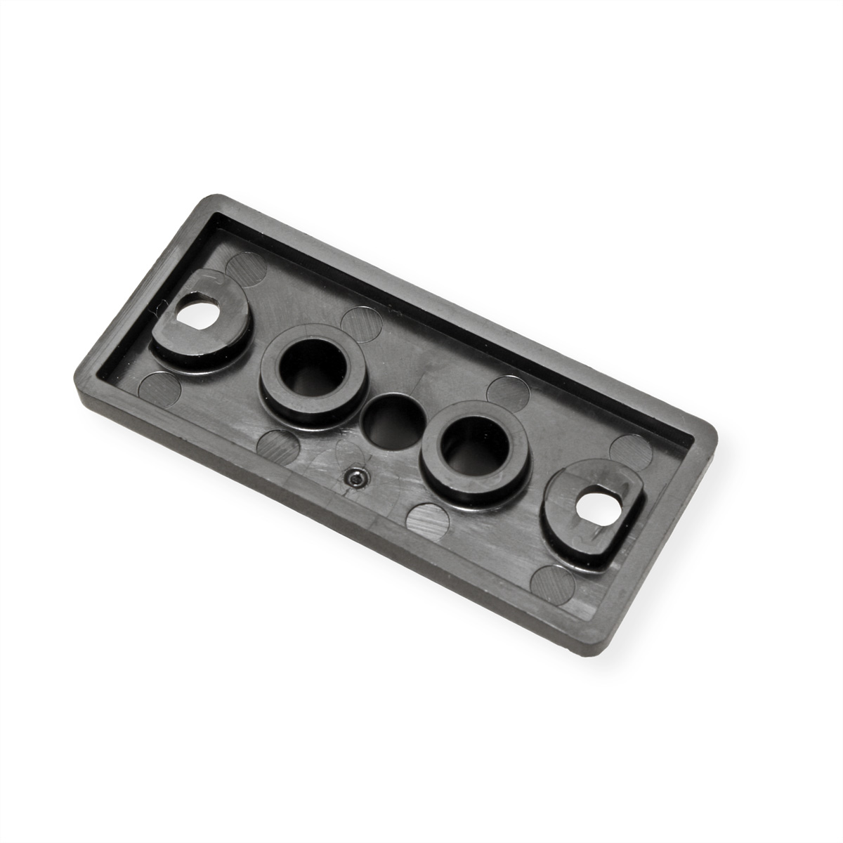 Componente rettangolare in plastica nera con fori. Sfondo bianco.
