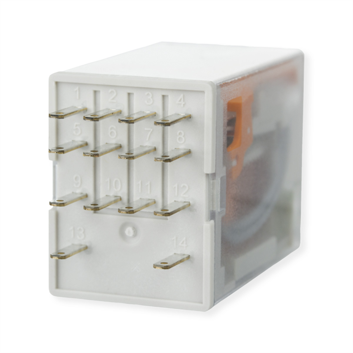 Relè a cubo bianco con pin, frontale trasparente e componenti interni arancioni. Isolato su bianco.