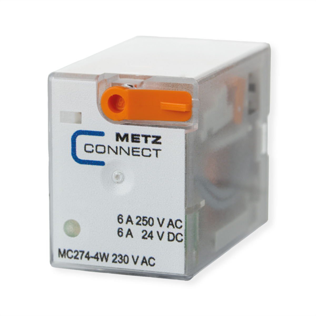 Relè elettrico bianco con dettagli arancioni e testo.