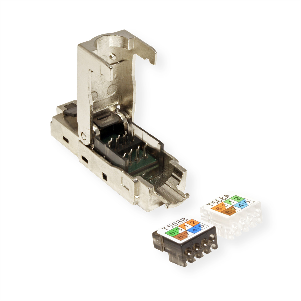 Un connettore RJ45 con due inserti colorati e un alloggiamento in metallo.
