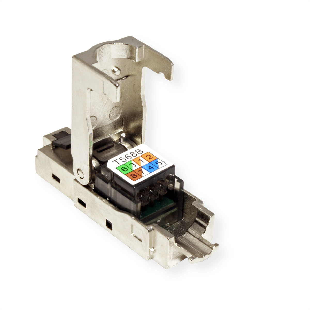 Connettore RJ45 aperto, che mostra il cablaggio interno con fili e etichette con codice colore.