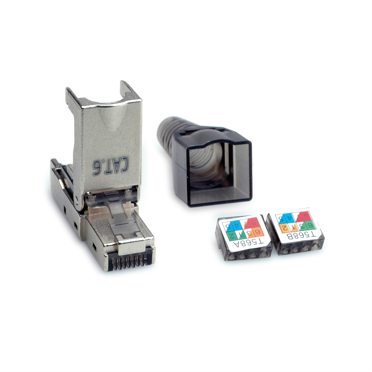 Componenti connettore Cat.6 RJ45: clip metallica, boot nero e due inserti T568A/B.