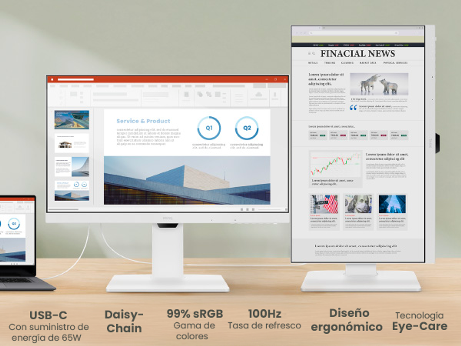 Two computer monitors on a wooden desk. One shows a presentation, the other a news website.