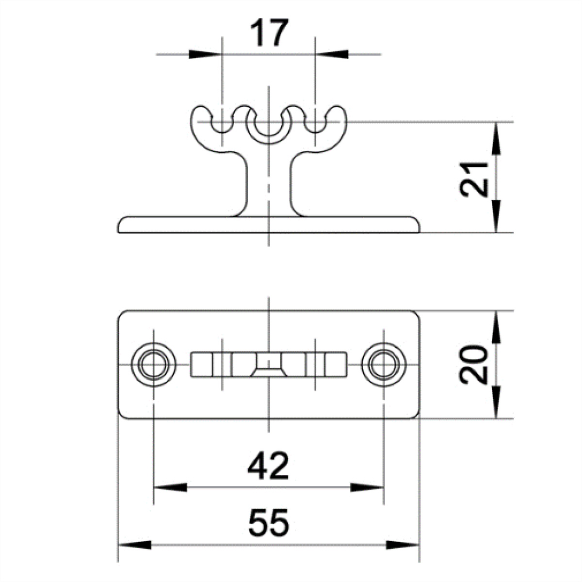 Disegno tecnico con dimensioni di una staffa, mostrando viste dall'alto e laterali.