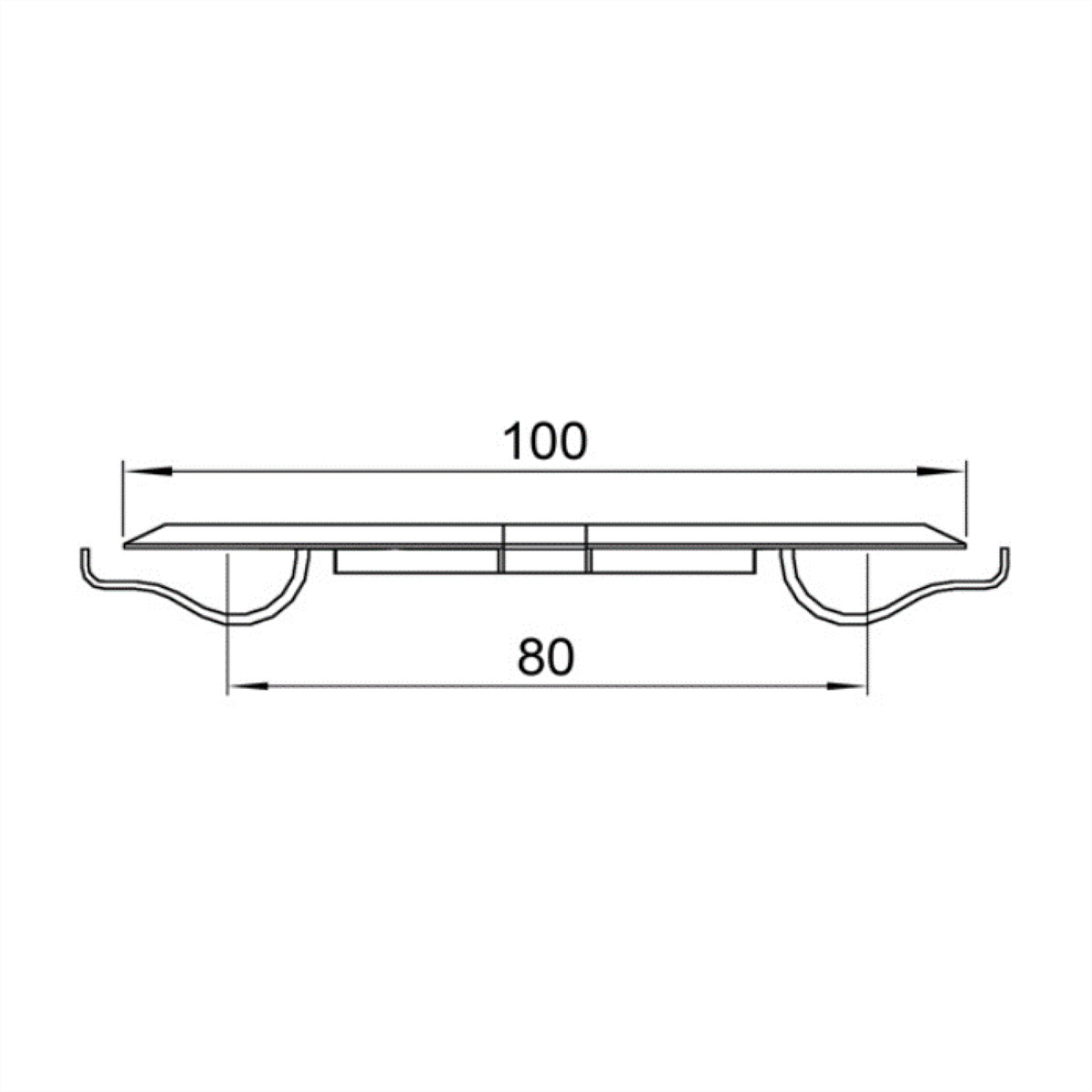 Diagram van een metalen profiel, met afmetingen in mm. Het profiel is rechthoekig met gebogen randen.