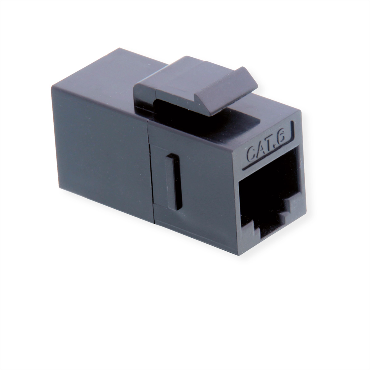 Zwarte Cat.6 RJ45 connector, met een vergrendeling, op een witte achtergrond.