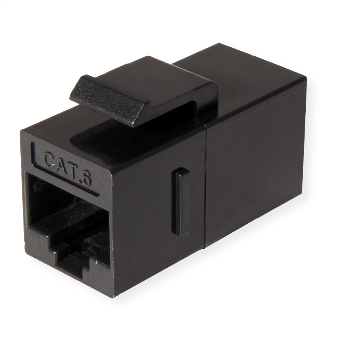 Zwarte CAT.6-connector. De achtergrond is wit.