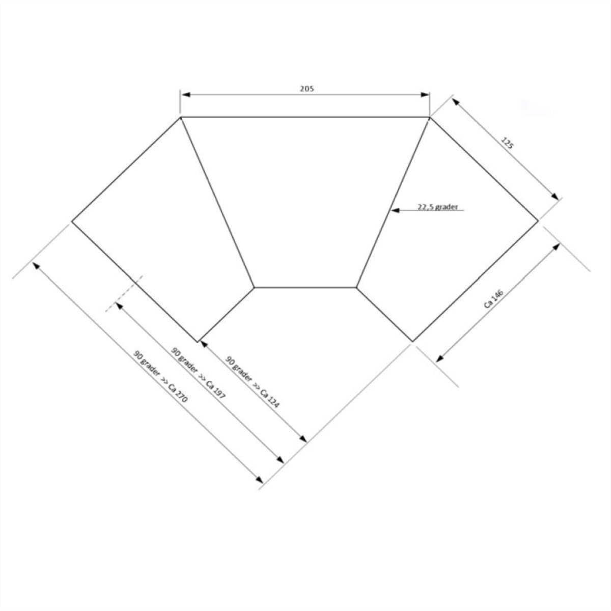 Diagramma con misure. È una forma angolata con dimensioni e angoli segnati.
