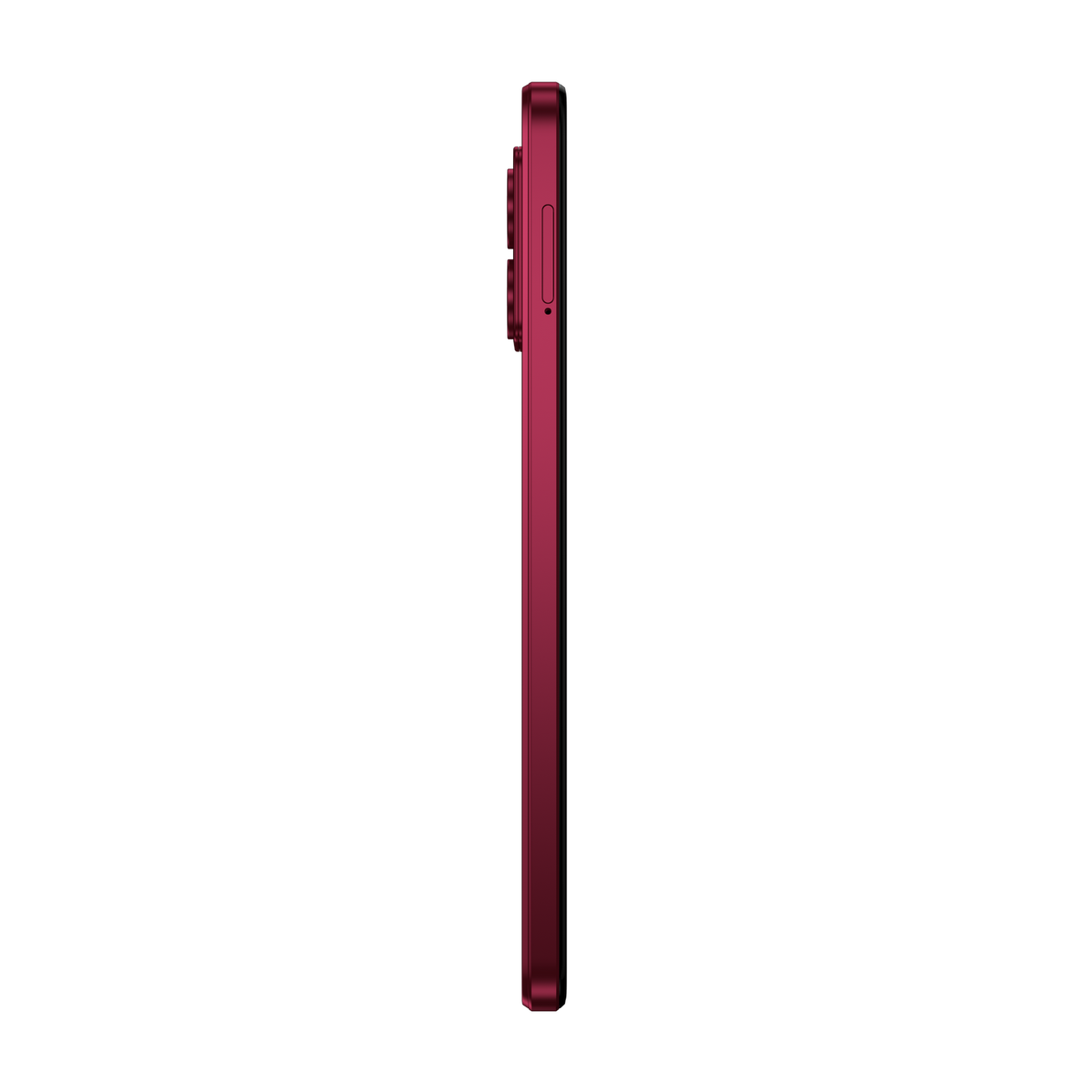 Vista laterale di un telefono rosso con sfondo scuro.