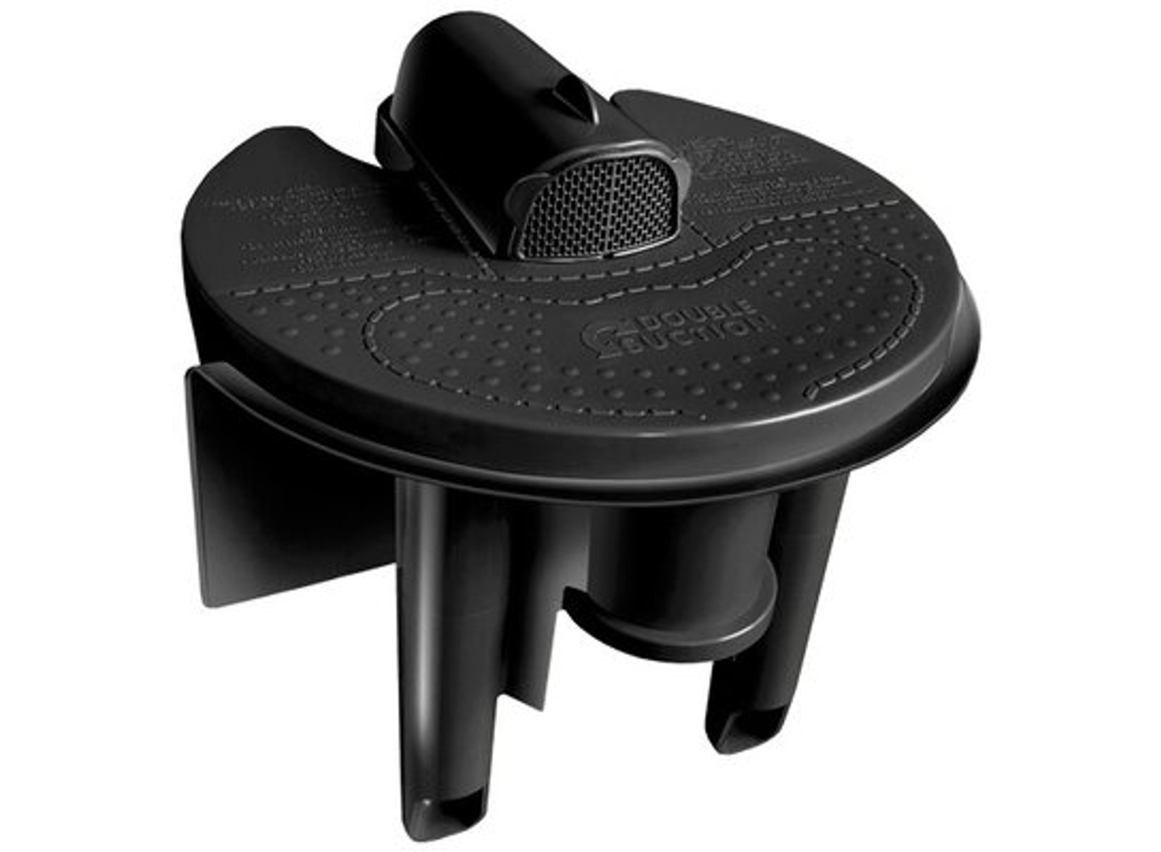 Un dispositivo nero con un design a doppia ventosa. Ha uno sfiato coperto da rete e una superficie piana.