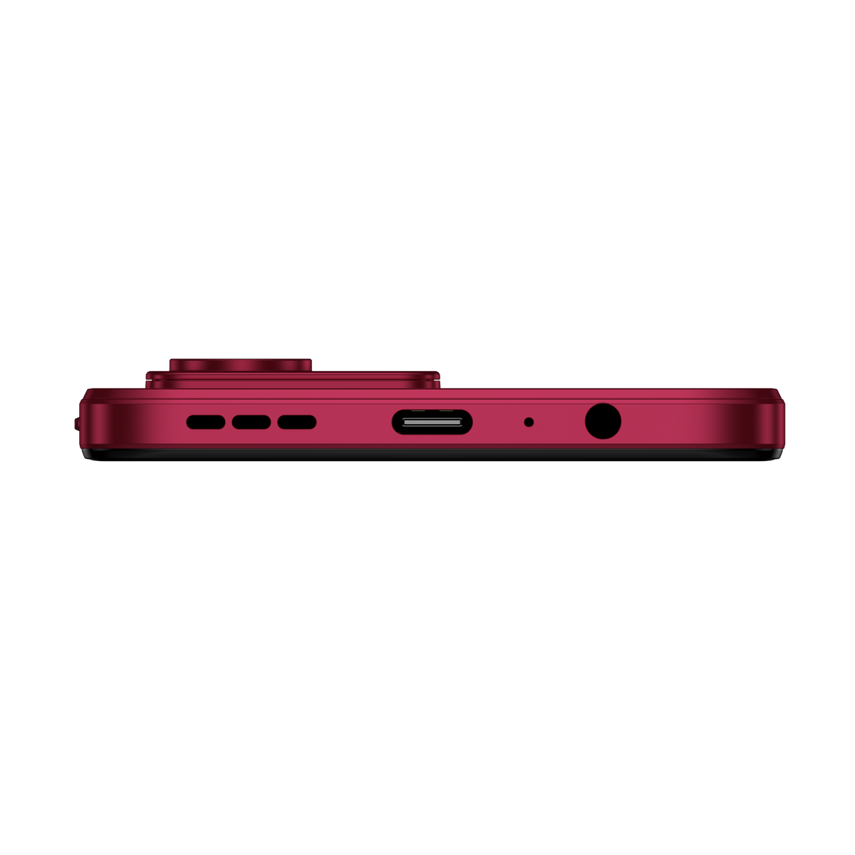Telefono rosso, vista inferiore. Mostra la porta di ricarica, il jack per cuffie e gli altoparlanti.