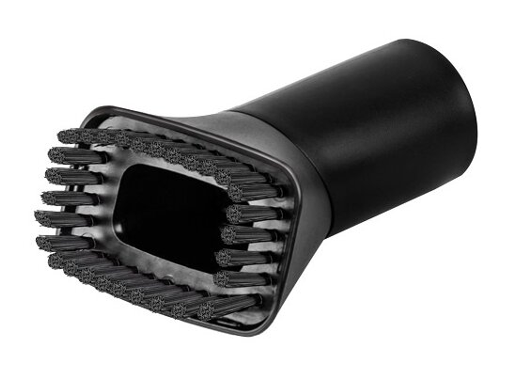 Un accessorio per aspirapolvere nero con apertura rettangolare e setole.