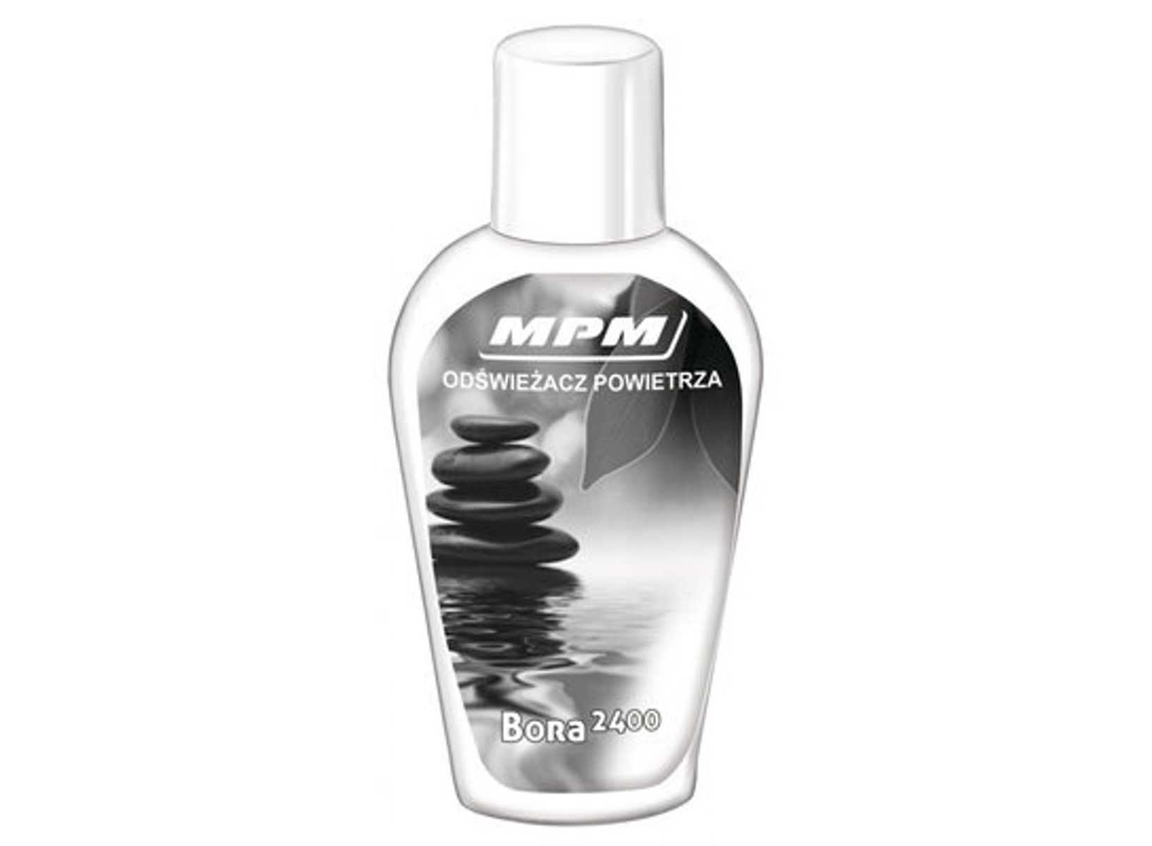 Una bottiglia bianca di deodorante per ambienti con un'immagine in bianco e nero di pietre nell'acqua.