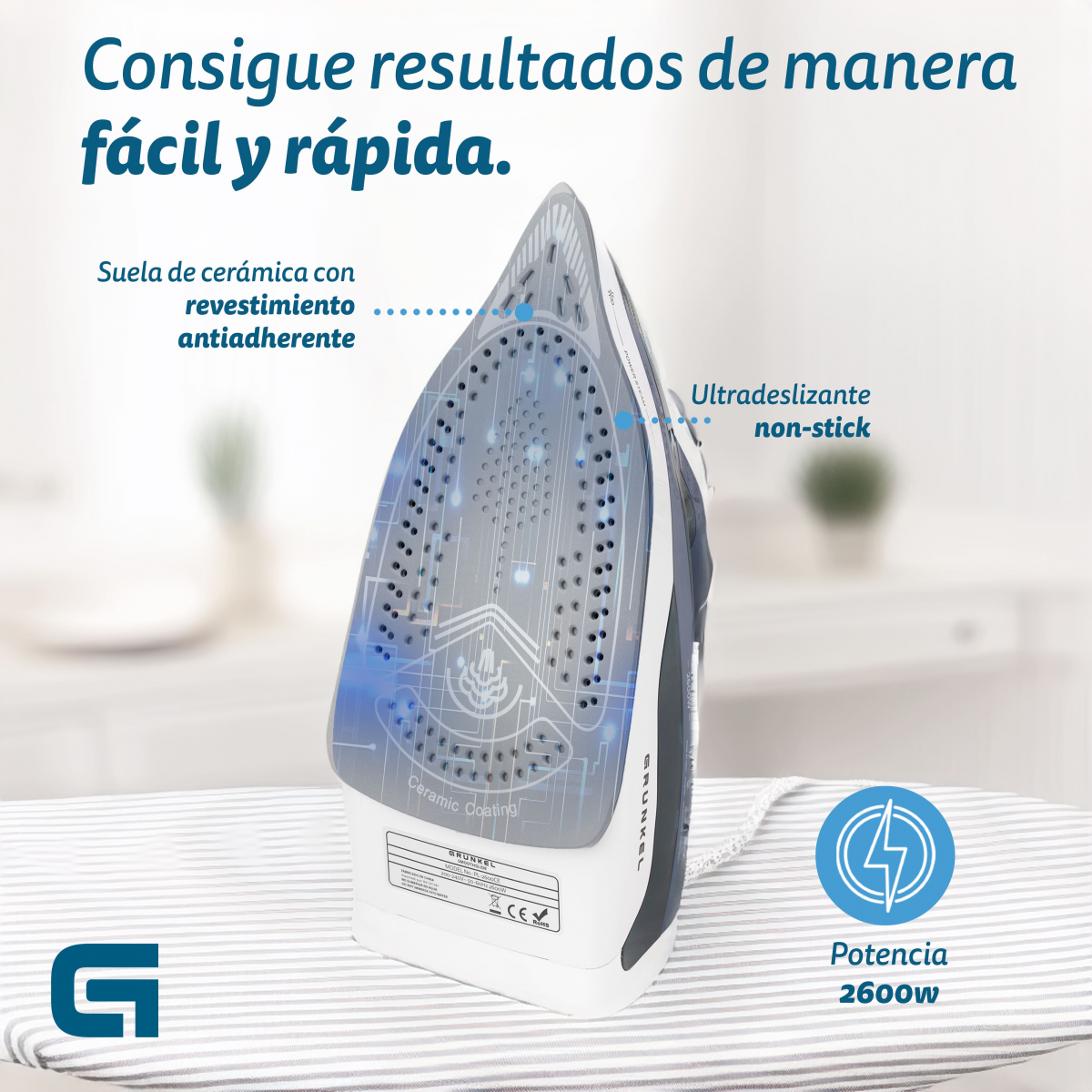 Plancha blanca con texto sobre revestimiento cerámico, superficie antiadherente y potencia 2600w.