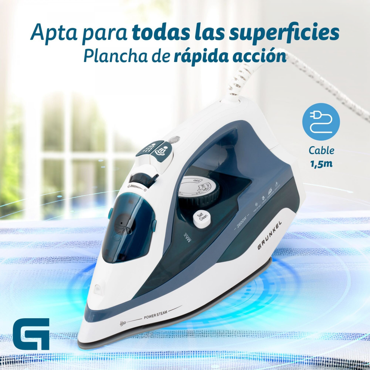 Plancha blanca y azul sobre una superficie azul, con un icono de vapor potente.