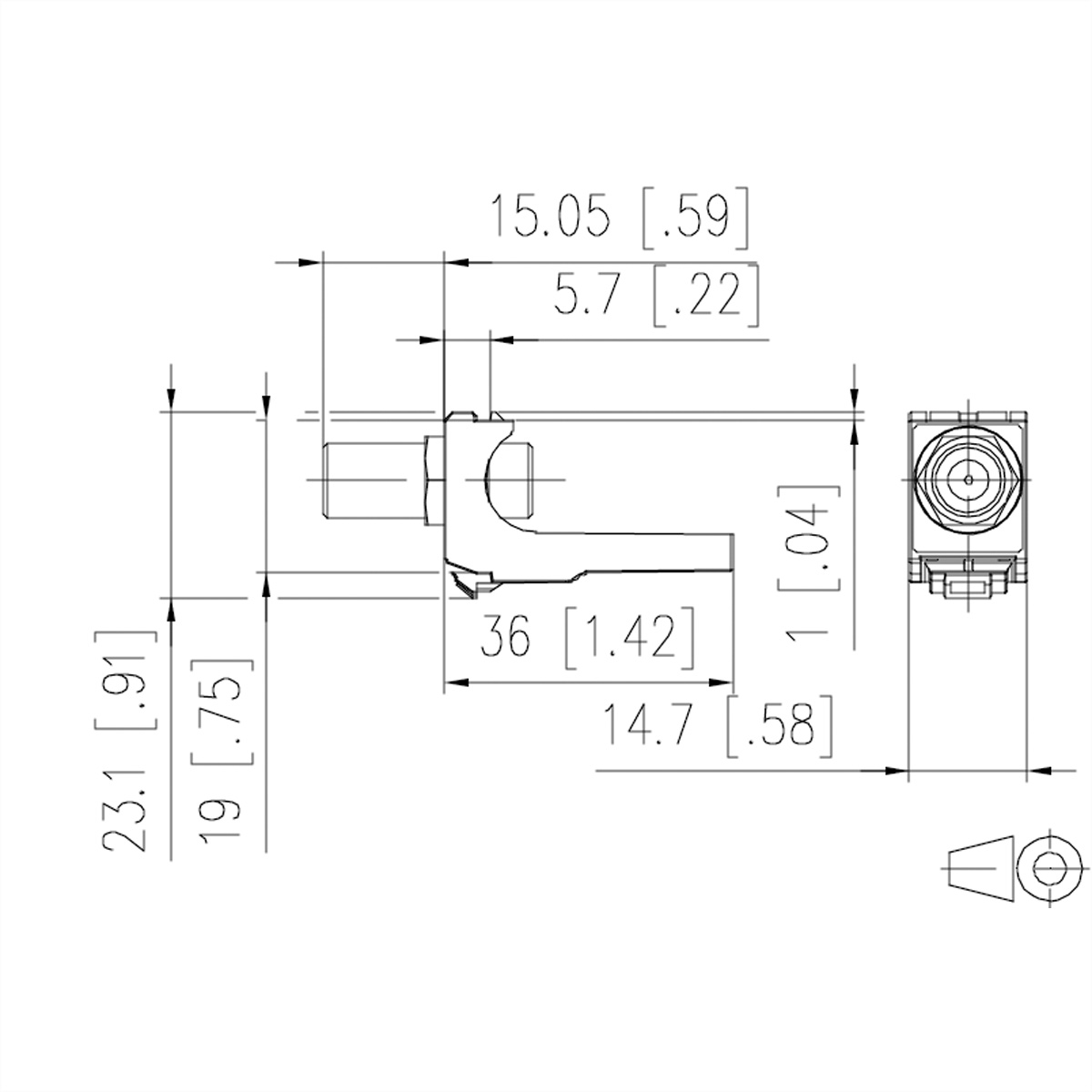 Disegno tecnico di un connettore con misure, viste laterali e dall'alto, isolato su bianco.
