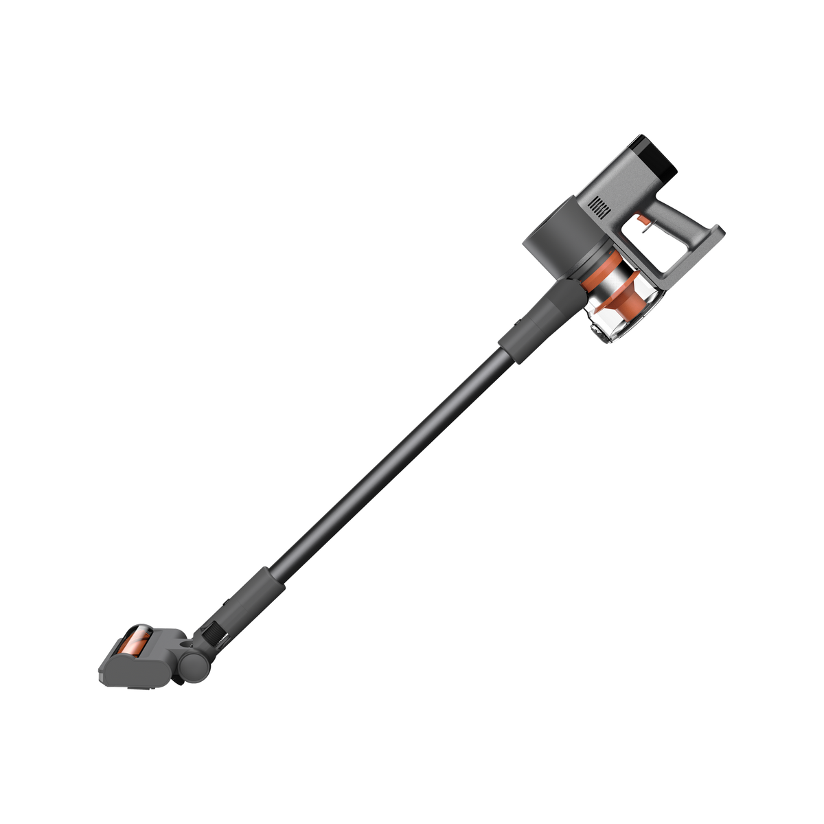 Odkurzacz, czarny i szary, z długim uchwytem i pomarańczowymi akcentami.