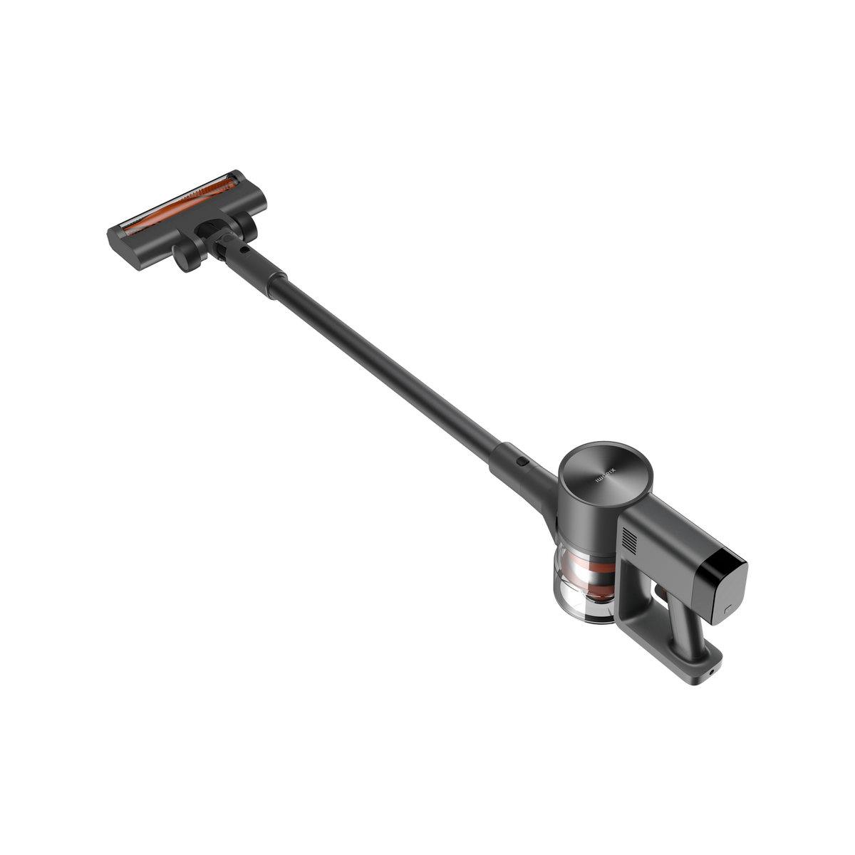 Odkurzacz bezprzewodowy w kolorze szarym i czarnym, na czarnym tle.