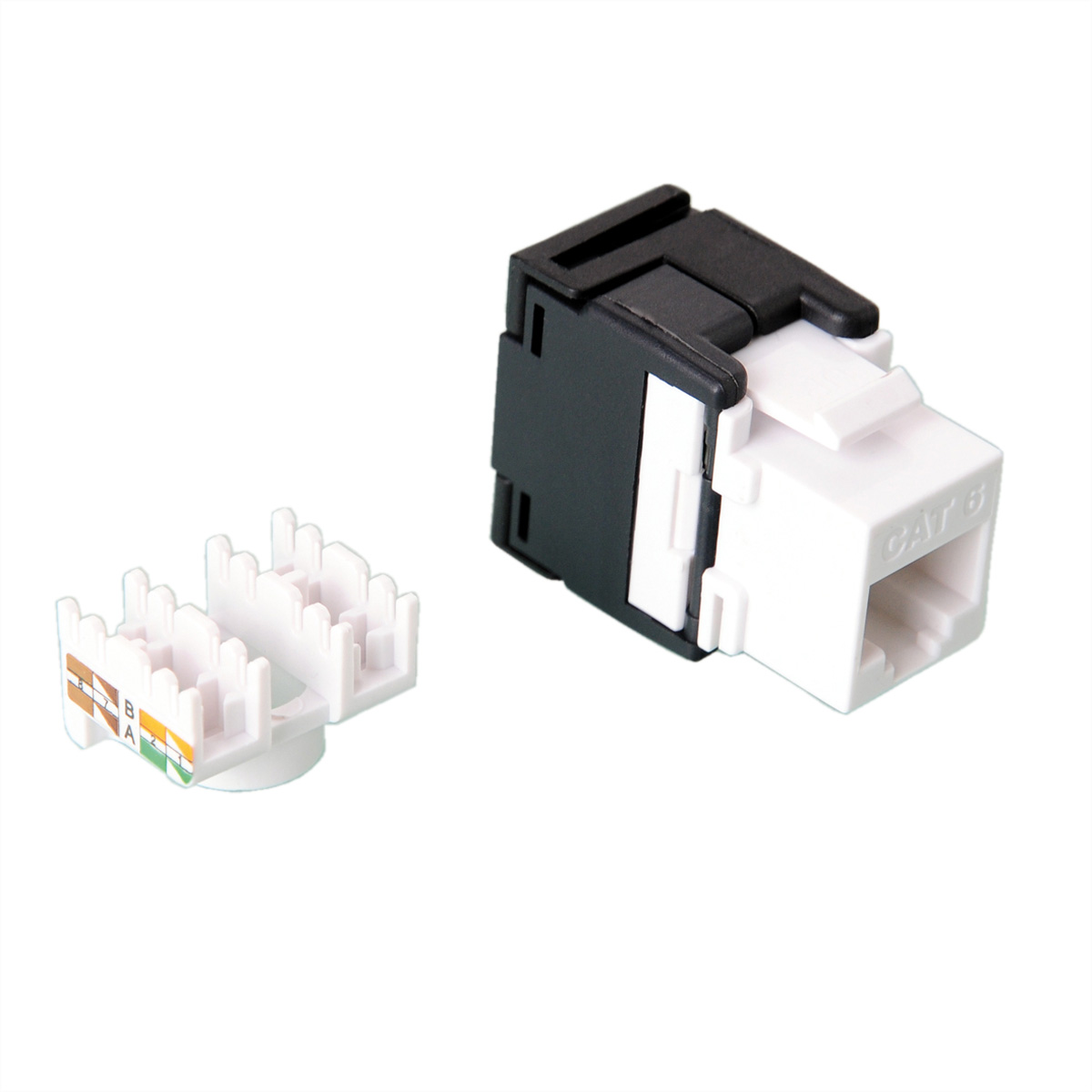 Wit en zwarte netwerkconnector met labels. Witte achtergrond.