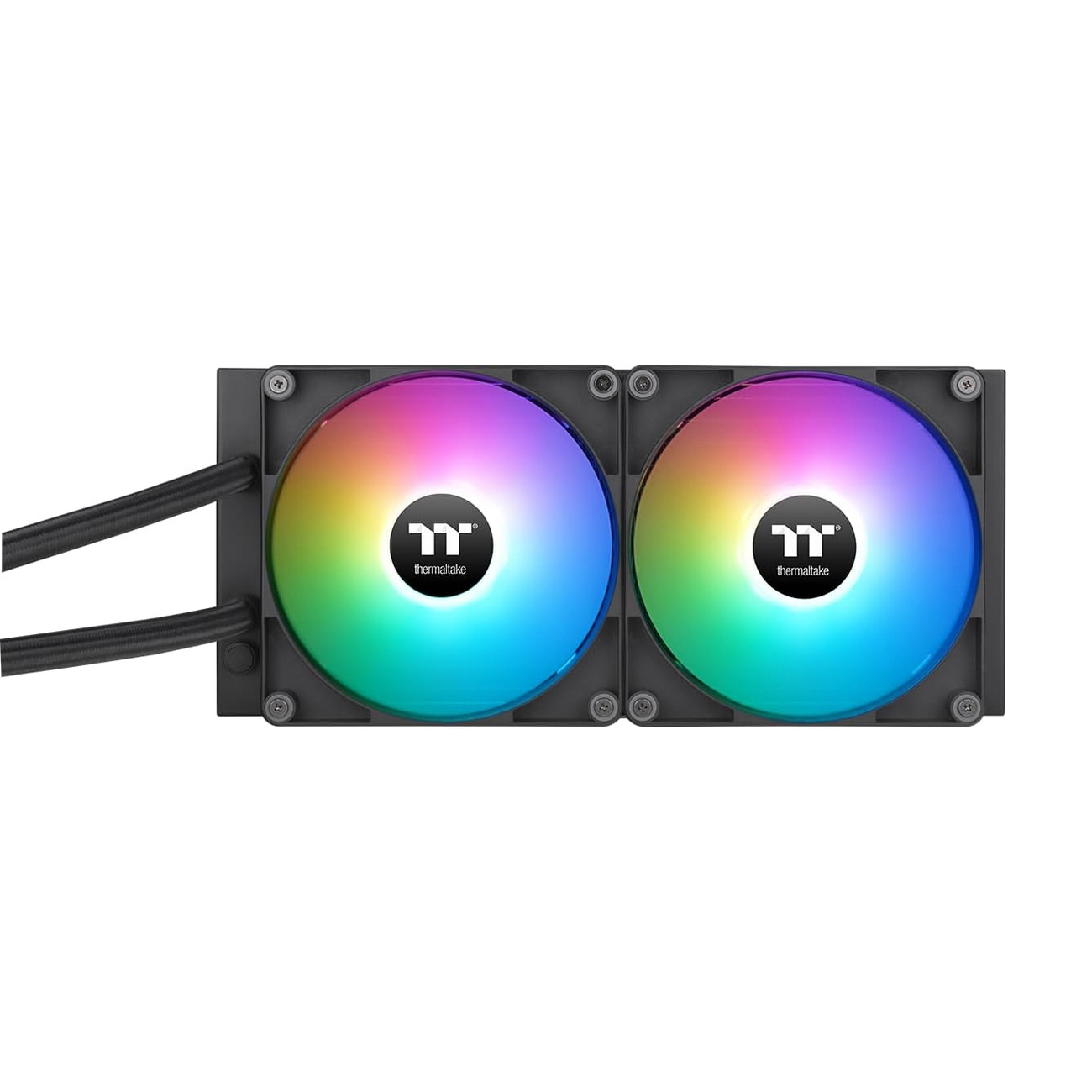 Zwei Computerlüfter mit RGB-Beleuchtung. Die Lüfter sind rund und schwarz.
