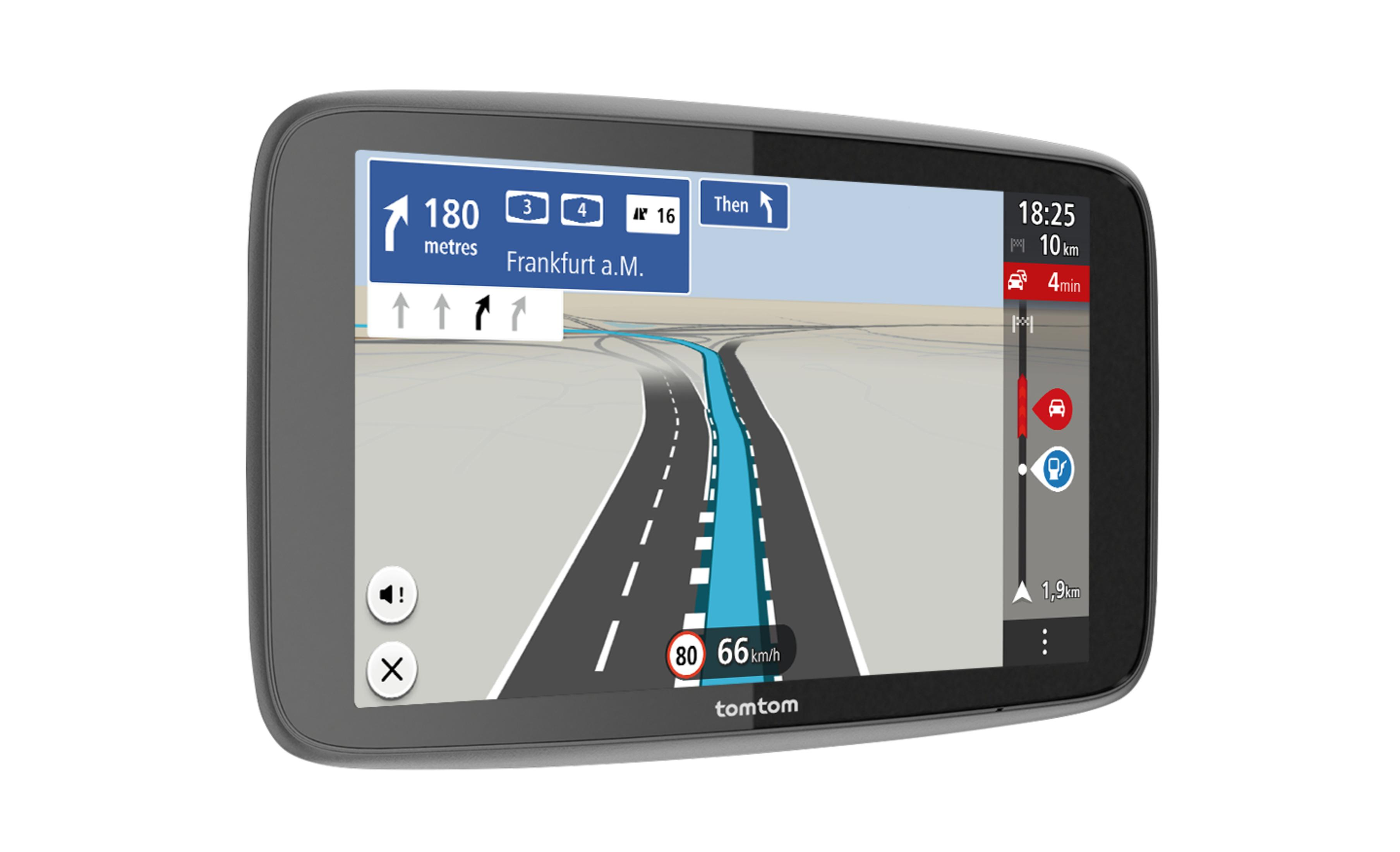Pantalla de navegación GPS, mostrando un mapa de carreteras, flechas de dirección e información de velocidad.