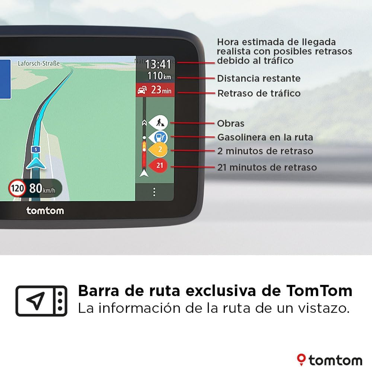 Pantalla de dispositivo GPS que muestra datos de navegación con texto en español sobre tráfico y ruta.